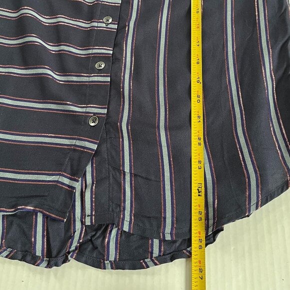 Dressbarn Sz XS Womens Navy Blue Metallic Striped Button Down Shirt Roll Tab Sly - Picture 7 of 8